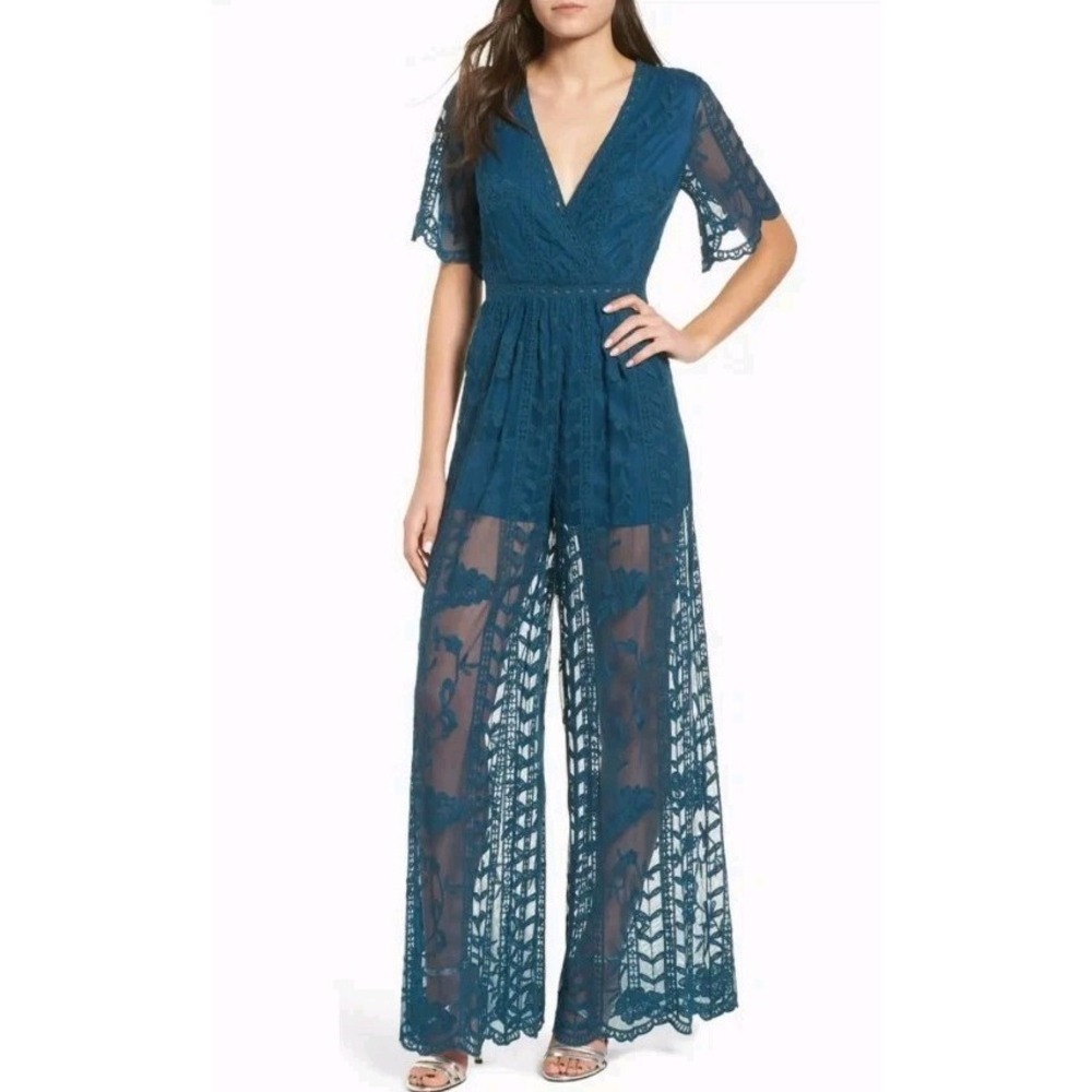 Socialite Lace Wide Leg Jumpsuit In Teal Blue